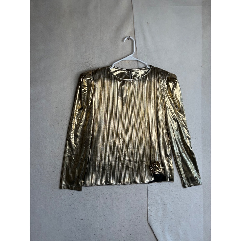 Vintage Boston Maid Gold Metallic Pleated Puffy Shoulder Blouse Disco Top L